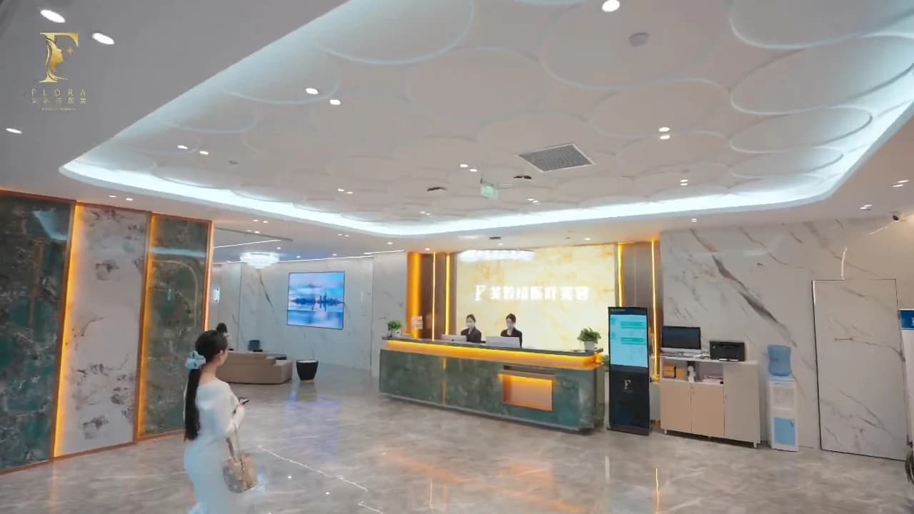 Flora clinic reception with a marble desk, seating and warm lighting